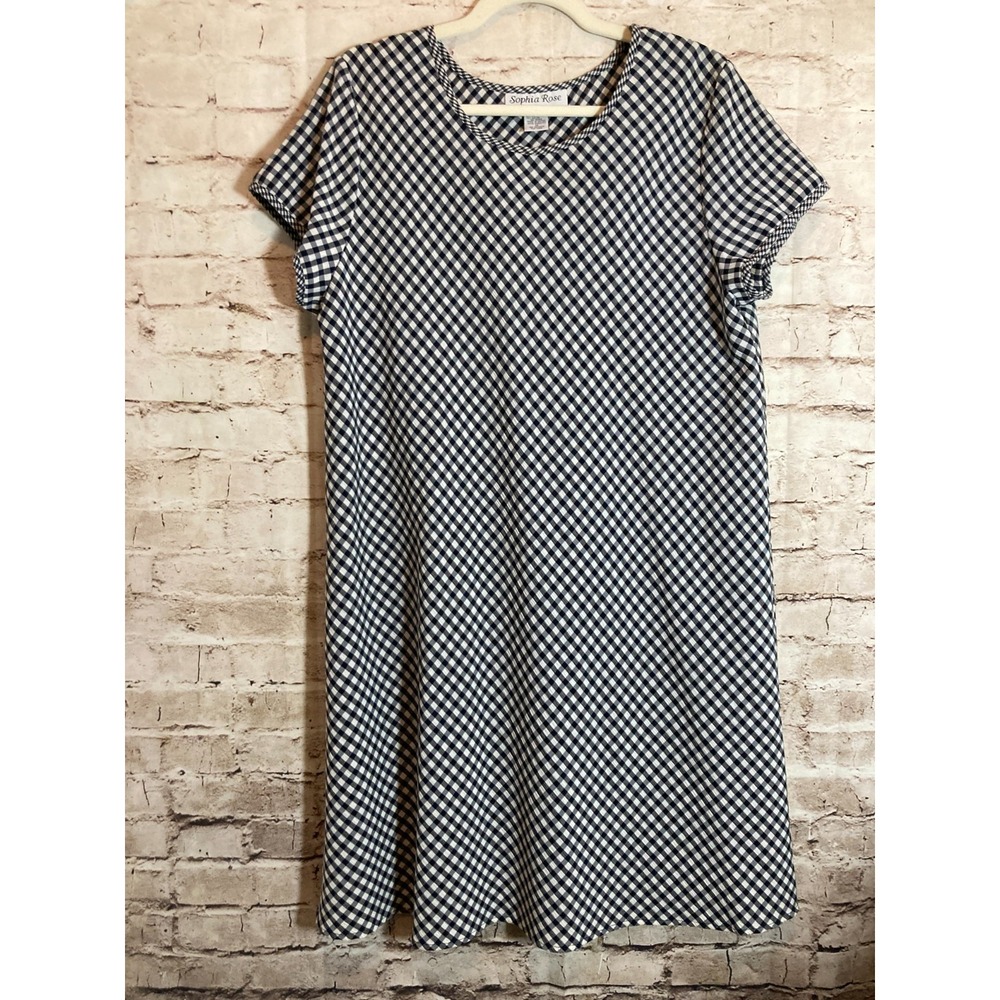 Vintage Sophia Rose Dress Womens 14 Navy‎ Blue Gingham Plaid Country Cottage